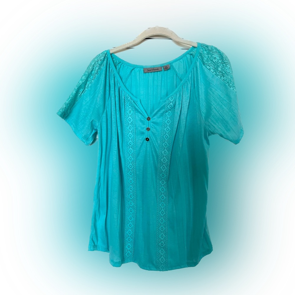 ASAP Jason Maxwell flowy women’s cotton and lacey short sleeve blouse in teal. M